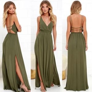 LULU'S Lost in Paradise Maxi Dress Surplice V-Neck Strappy Olive Green Wedding S